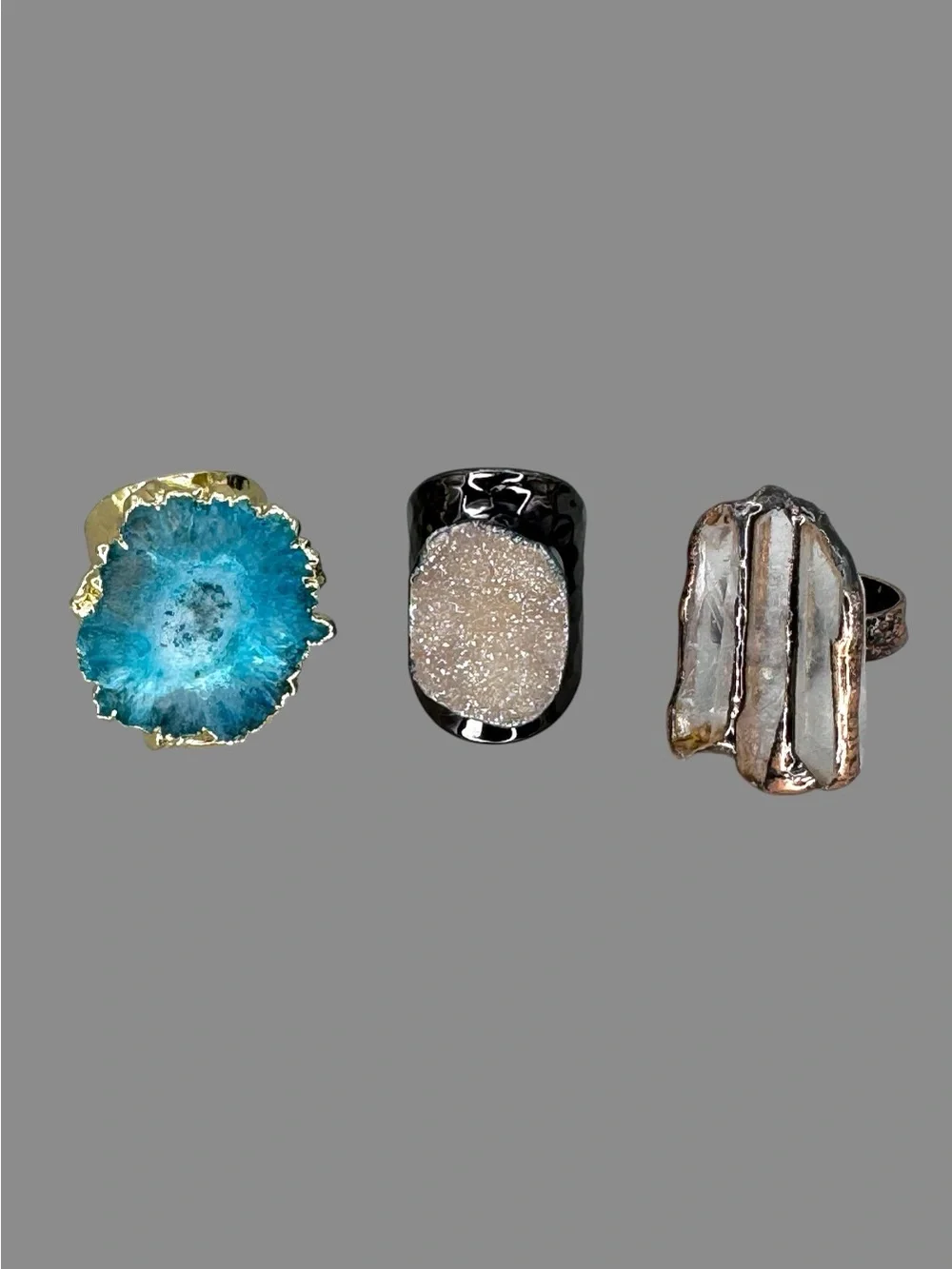 3-Piece Adjustable Natural Stone Statement Ring Bundle – Druzy Crystal Boho Ring